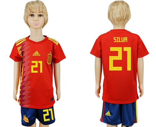 Spain #21 Silva Red Home Kid Soccer Country Jersey - Click Image to Close